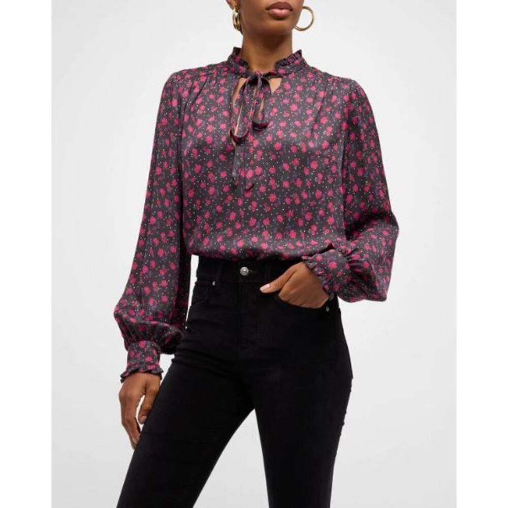 NEW Veronica Beard Louma Rose Tie-Neck Blouse Floral Print Black Multi Size 2
